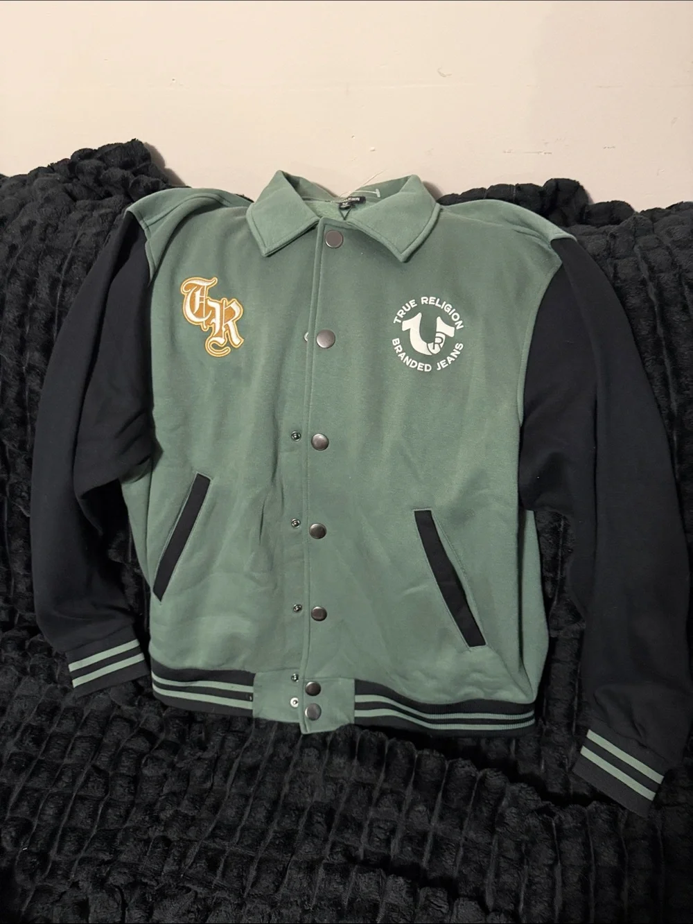 True Religion Green and Black Bomber Varsity Jacket with Gold Patch